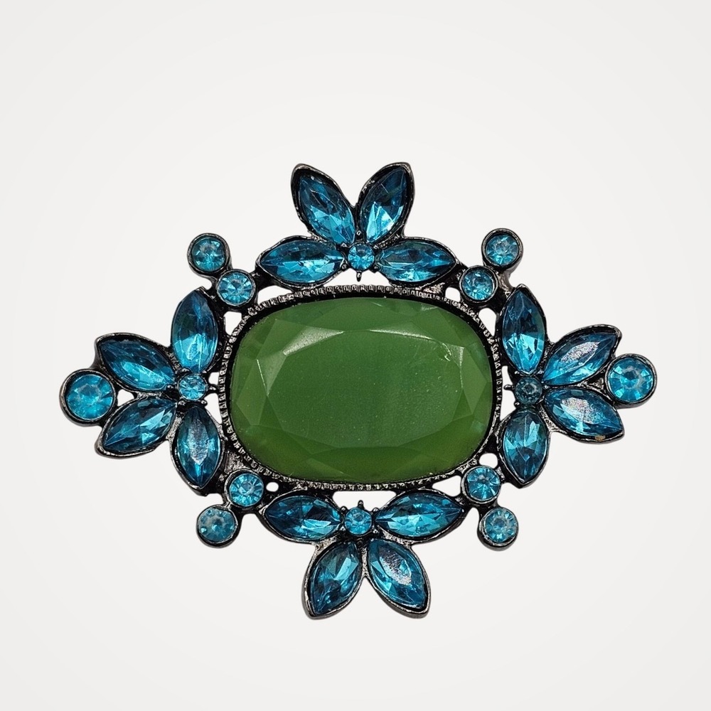 Green‎ Blue Rhinestone Brooch Floral Statement Pin Gunmetal Tone 2"